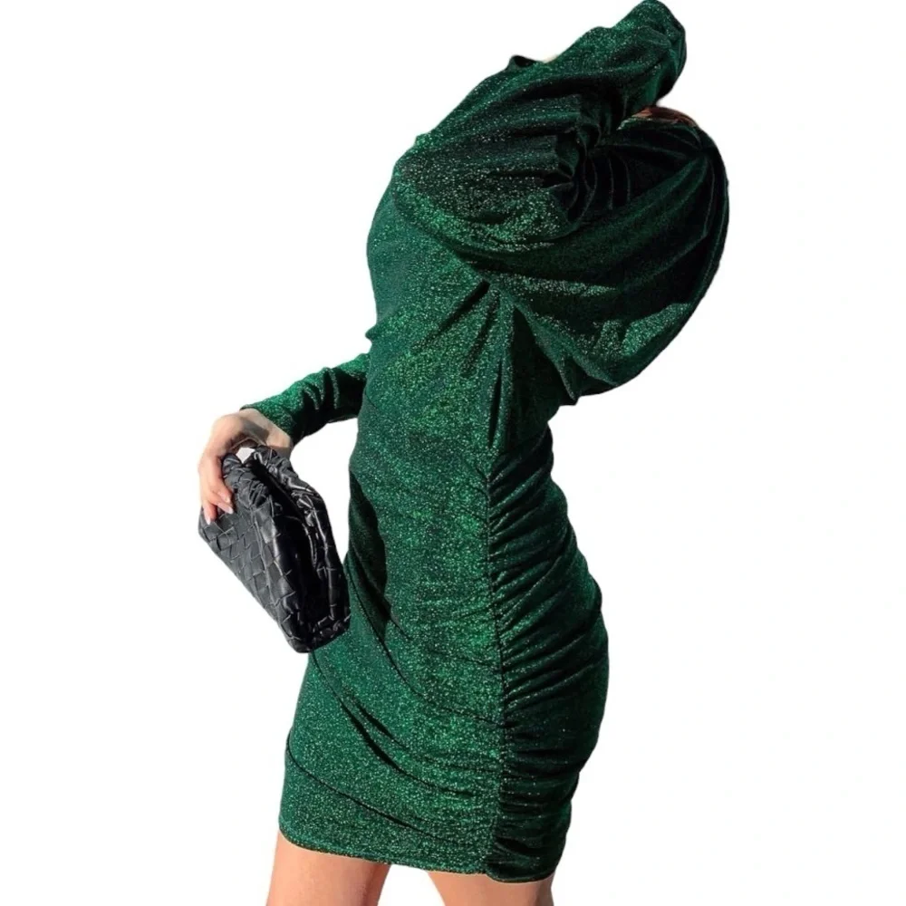 Bebe green long sleeve sparkly ruched mini dress women’s size small - Picture 1 of 12